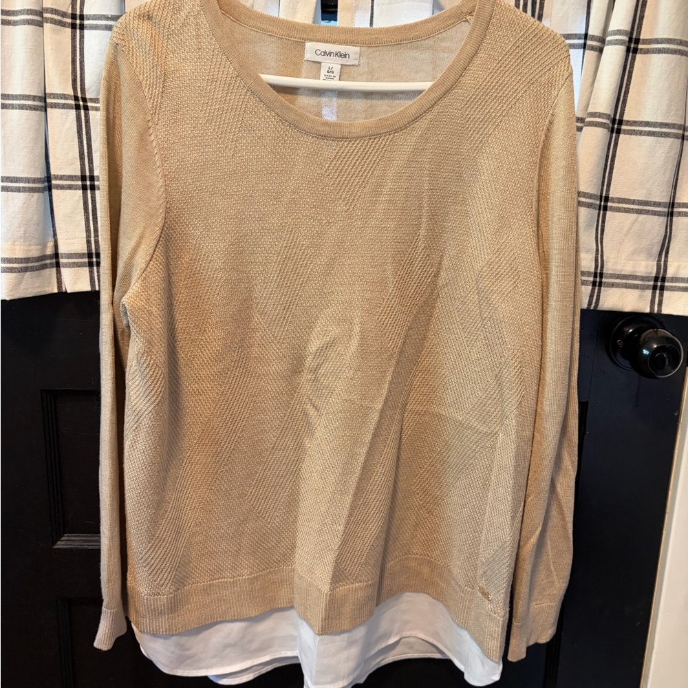 Calvin Klein Beige Sweater with White False Layer Hem. L